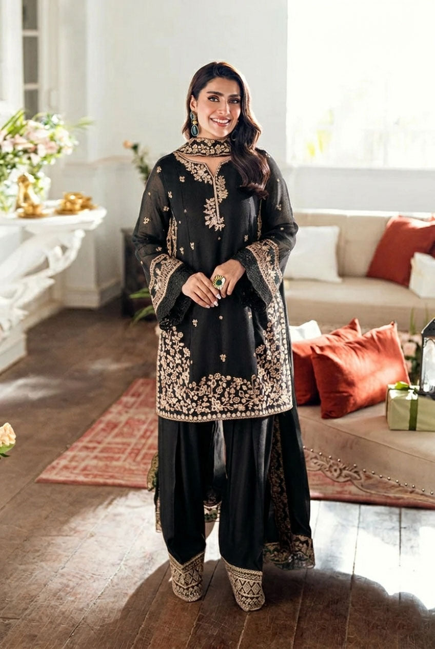 Eid Trending Farshi Shalwar 3 Piece Suit | Embroidered Silk Shirt, Farshi Shalwar & Chiffon Dupatta