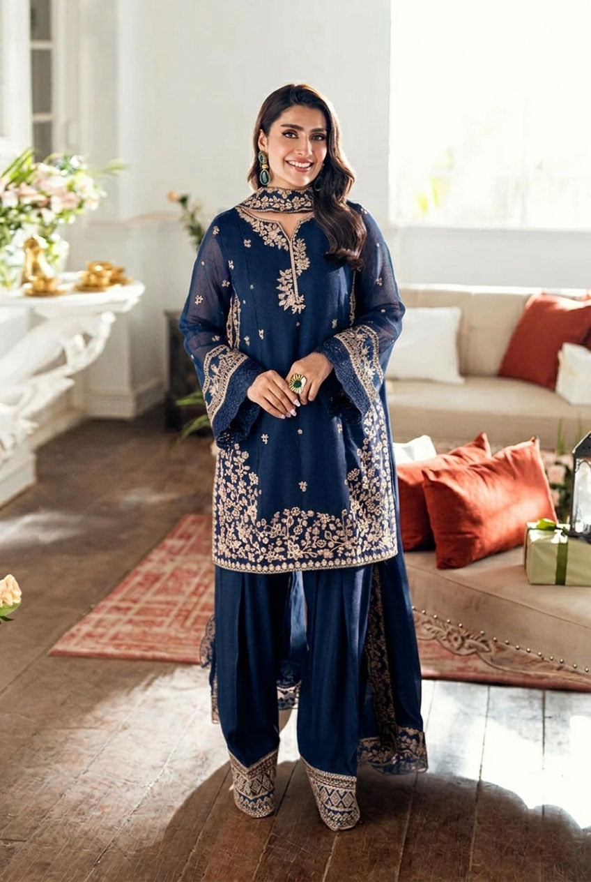 Eid Trending Farshi Shalwar 3 Piece Suit | Embroidered Silk Shirt, Farshi Shalwar & Chiffon Dupatta