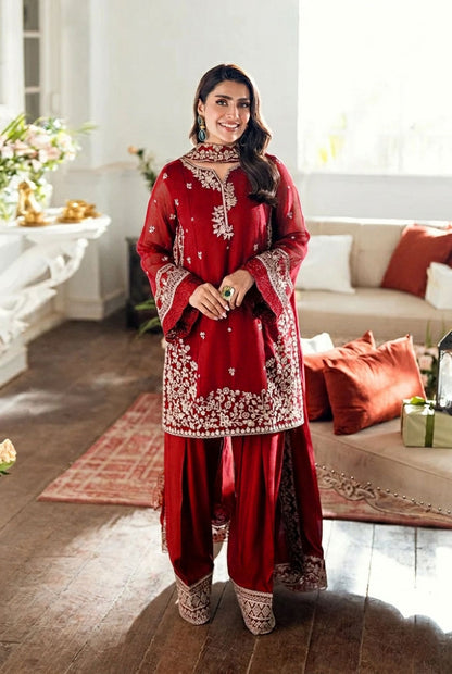 Eid Trending Farshi Shalwar 3 Piece Suit | Embroidered Silk Shirt, Farshi Shalwar & Chiffon Dupatta