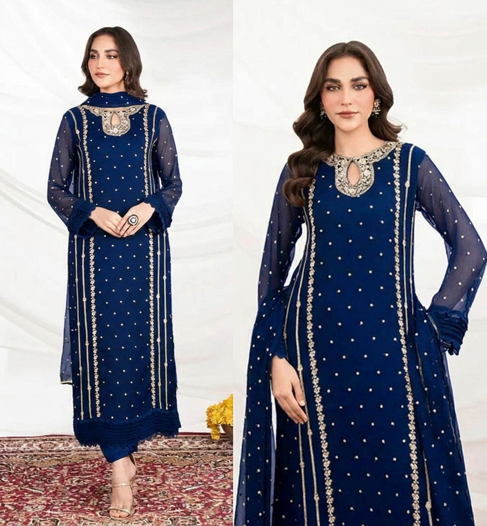 Women Embroidered Organza 3 Piece Suit | Sequence Front Neck Long Shirt with Embroidered Dupatta & Trouser