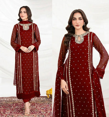 Women Embroidered Organza 3 Piece Suit | Sequence Front Neck Long Shirt with Embroidered Dupatta & Trouser