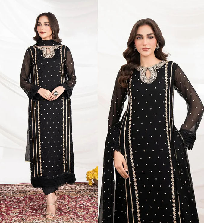 Women Embroidered Organza 3 Piece Suit | Sequence Front Neck Long Shirt with Embroidered Dupatta & Trouser