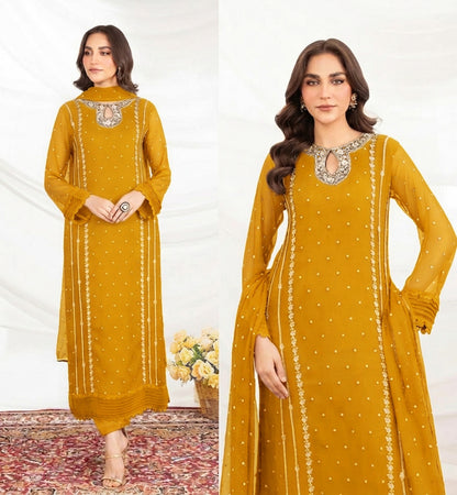 Women Embroidered Organza 3 Piece Suit | Sequence Front Neck Long Shirt with Embroidered Dupatta & Trouser