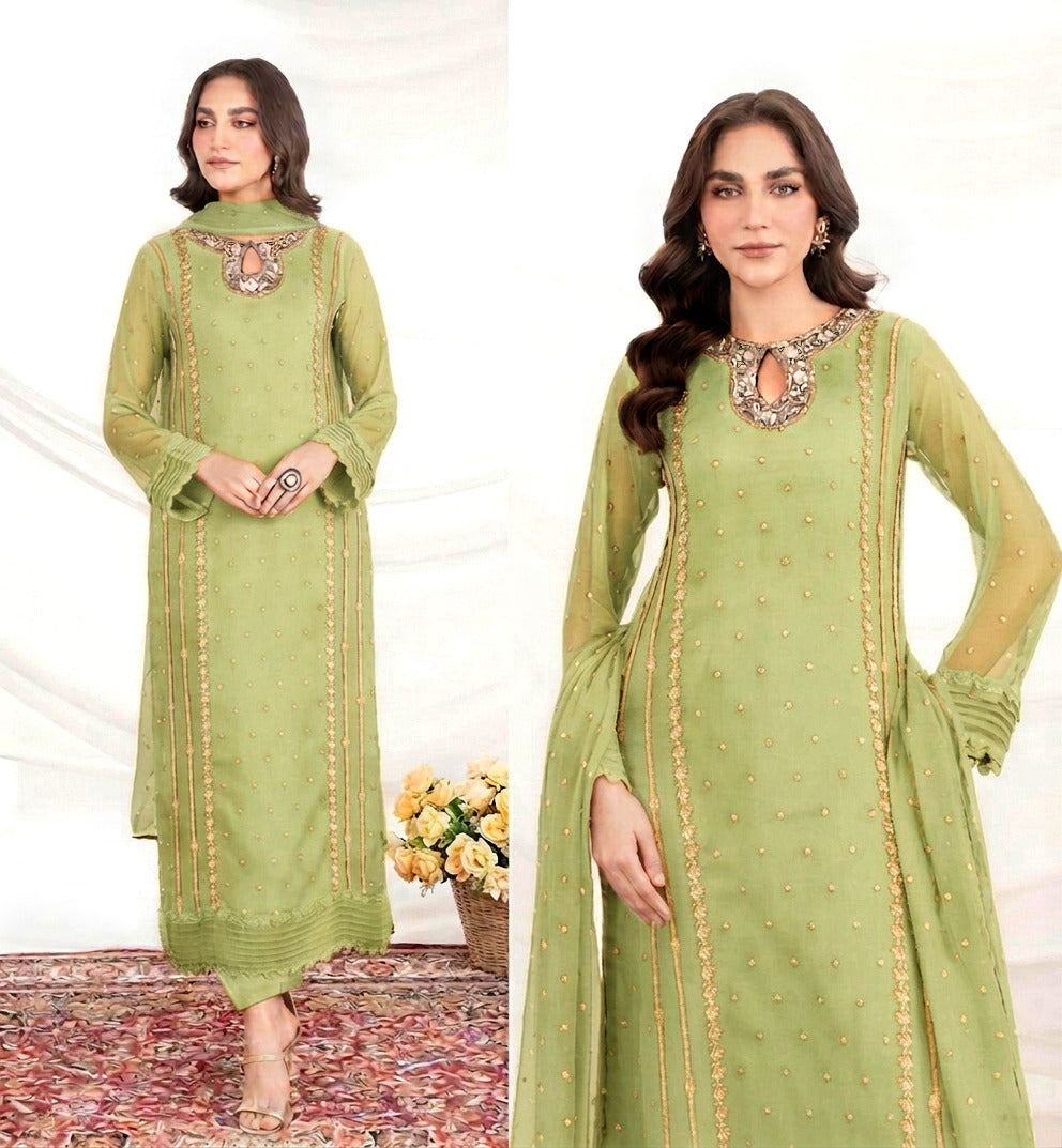 Women Embroidered Organza 3 Piece Suit | Sequence Front Neck Long Shirt with Embroidered Dupatta & Trouser