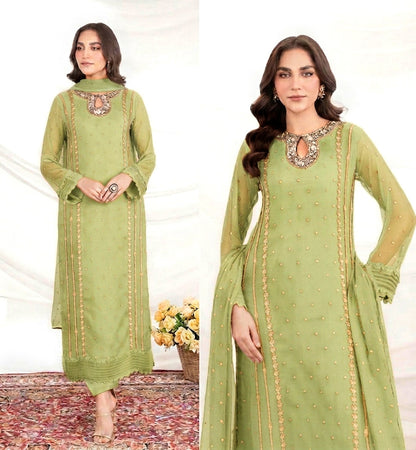 Women Embroidered Organza 3 Piece Suit | Sequence Front Neck Long Shirt with Embroidered Dupatta & Trouser