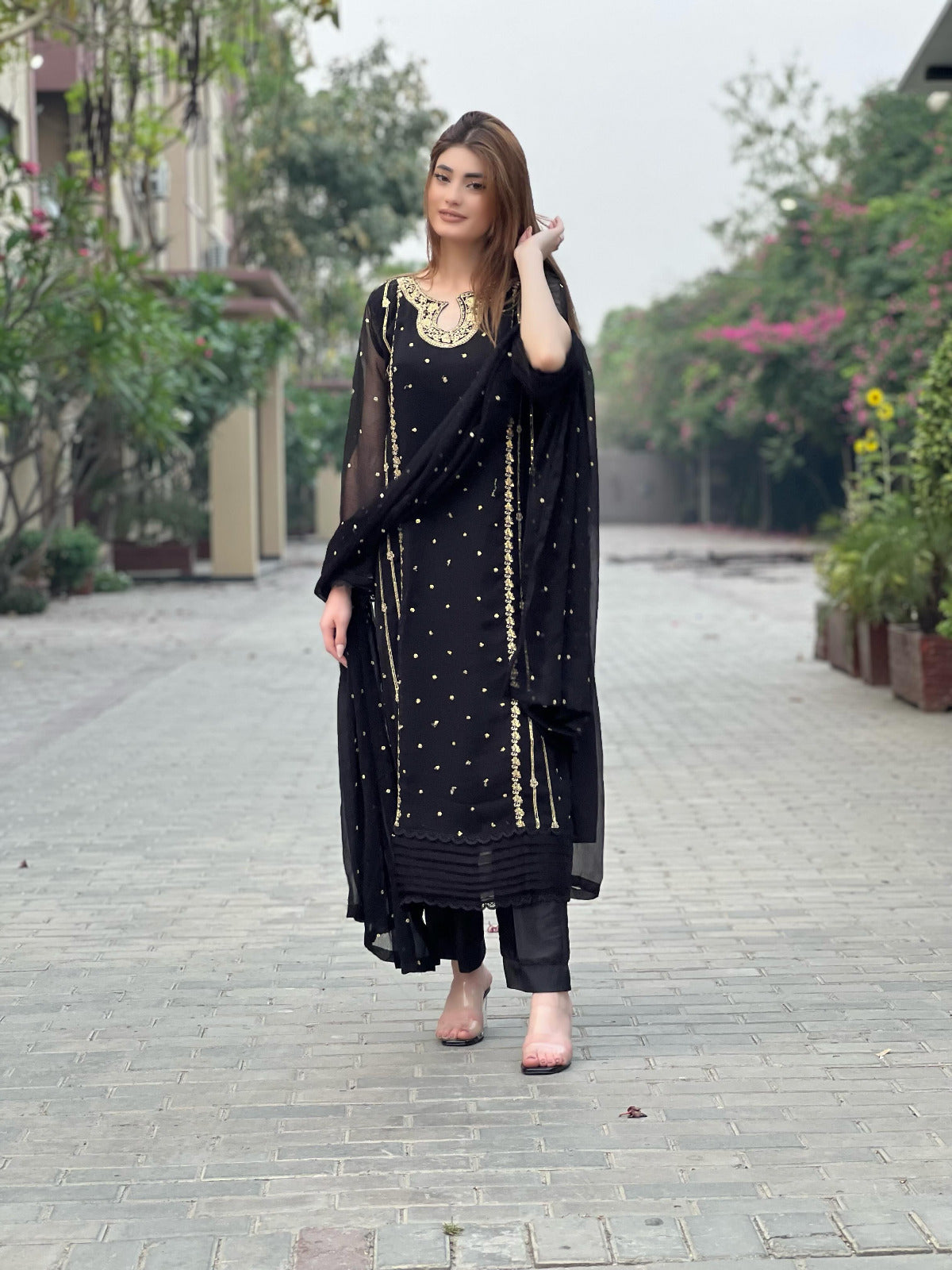 Women Embroidered Organza 3 Piece Suit | Sequence Front Neck Long Shirt with Embroidered Dupatta & Trouser