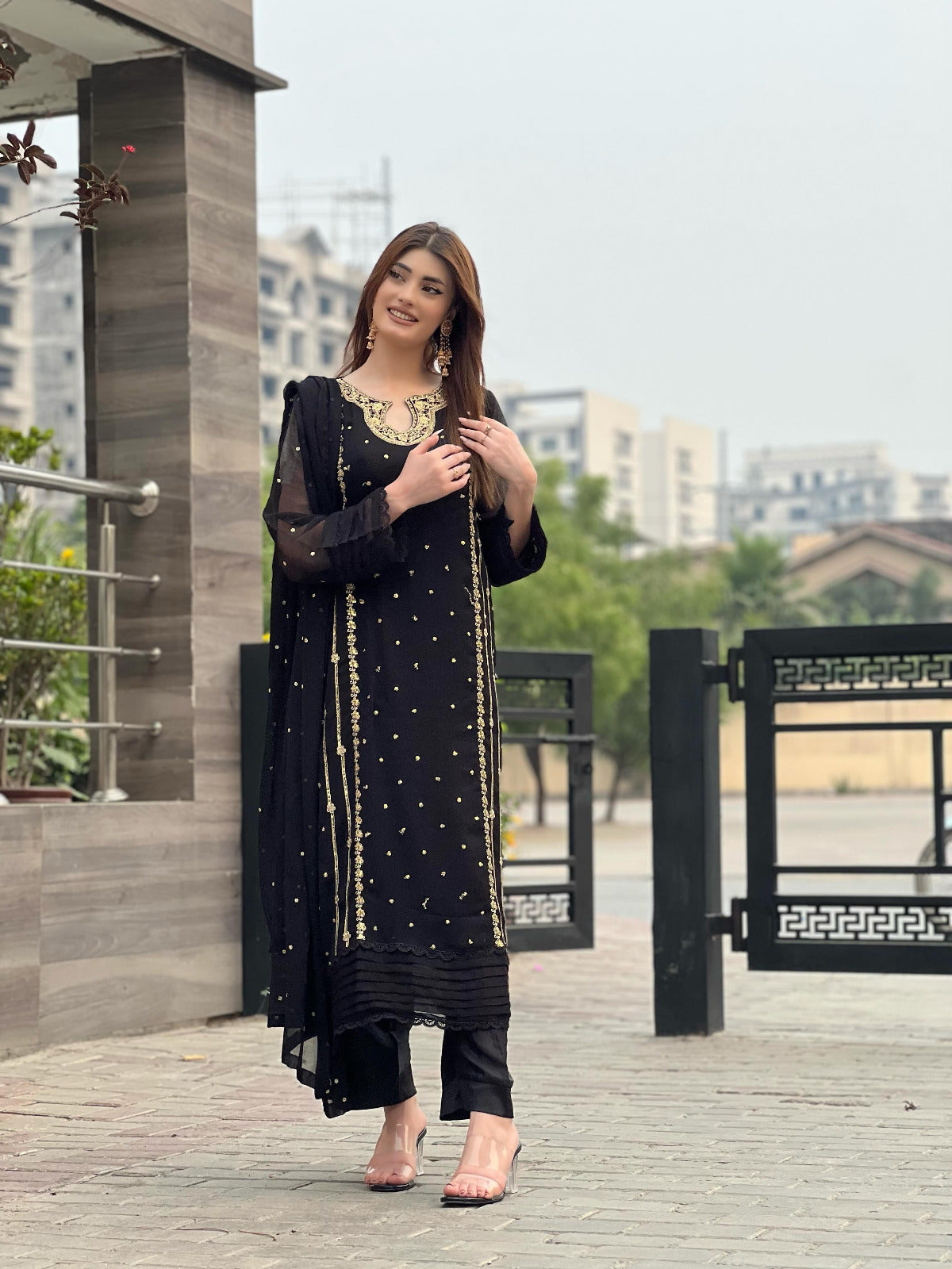Women Embroidered Organza 3 Piece Suit | Sequence Front Neck Long Shirt with Embroidered Dupatta & Trouser