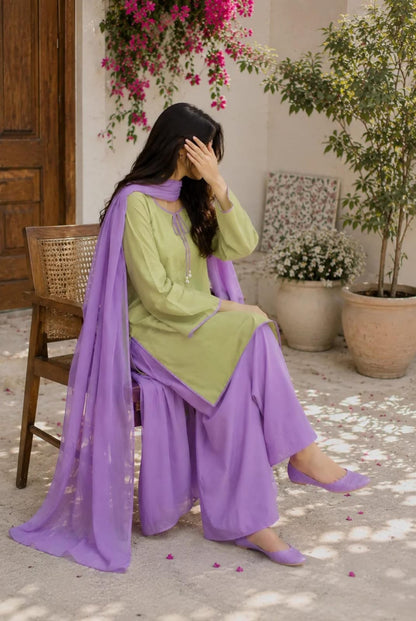 3 Piece Farshi Shalwar Suit for Women | Purple Cotton Shirt with Dori Latkan & Lace Work | Chiffon Dupatta
