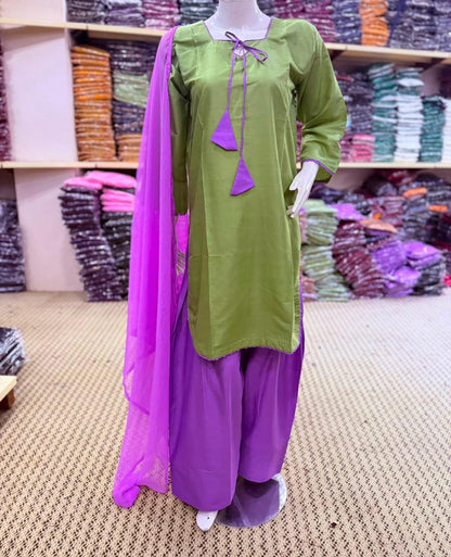 3 Piece Farshi Shalwar Suit for Women | Purple Cotton Shirt with Dori Latkan & Lace Work | Chiffon Dupatta