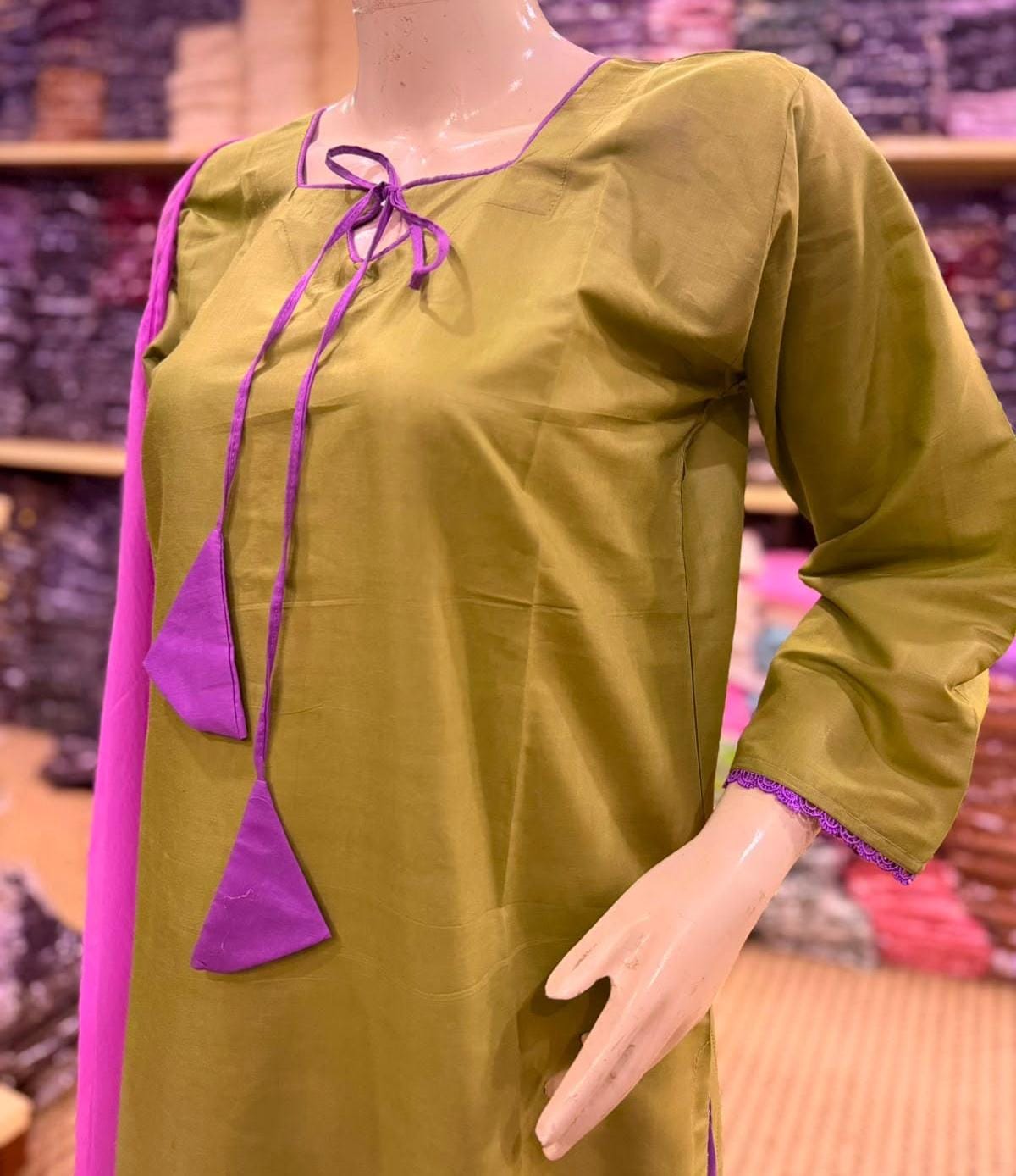 3 Piece Farshi Shalwar Suit for Women | Purple Cotton Shirt with Dori Latkan & Lace Work | Chiffon Dupatta