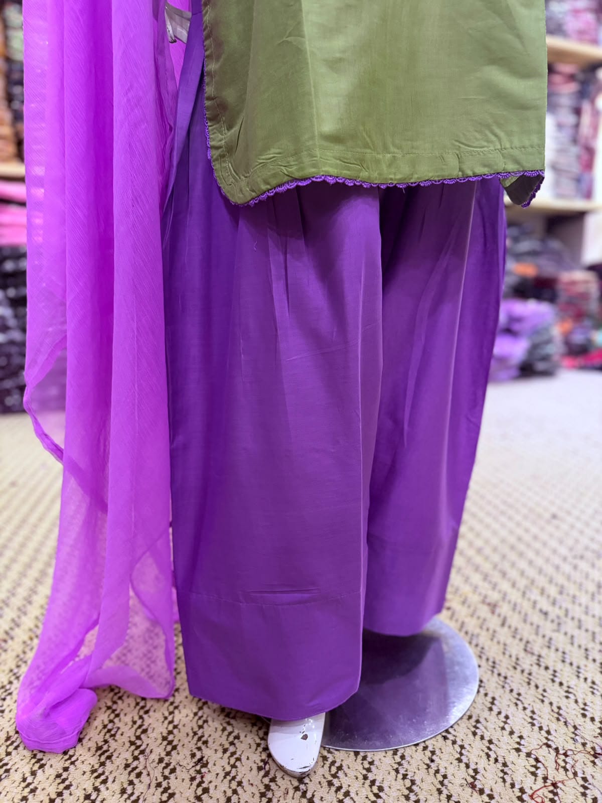 3 Piece Farshi Shalwar Suit for Women | Purple Cotton Shirt with Dori Latkan & Lace Work | Chiffon Dupatta