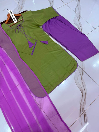 3 Piece Farshi Shalwar Suit for Women | Purple Cotton Shirt with Dori Latkan & Lace Work | Chiffon Dupatta