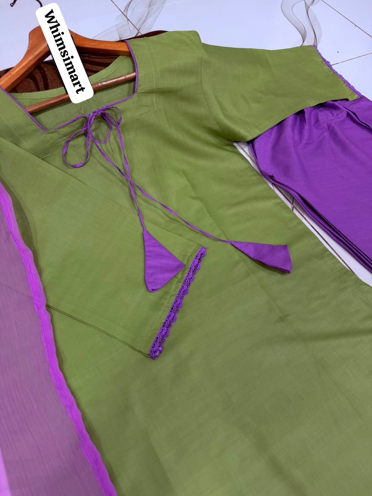 3 Piece Farshi Shalwar Suit for Women | Purple Cotton Shirt with Dori Latkan & Lace Work | Chiffon Dupatta