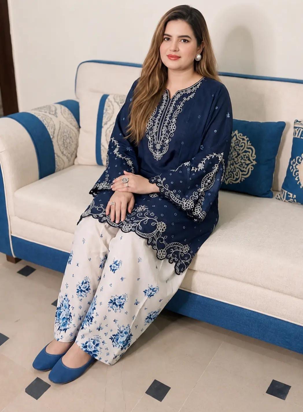 2 Piece Stitched Lawn Suit for Women | Heavy Embroidered Shirt with Farshi Shalwar | Malai Lawn Dress