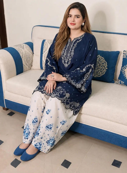 2 Piece Stitched Lawn Suit for Women | Heavy Embroidered Shirt with Farshi Shalwar | Malai Lawn Dress