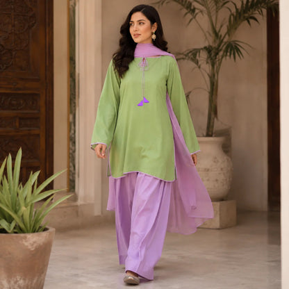 3 Piece Farshi Shalwar Suit for Women | Purple Cotton Shirt with Dori Latkan & Lace Work | Chiffon Dupatta