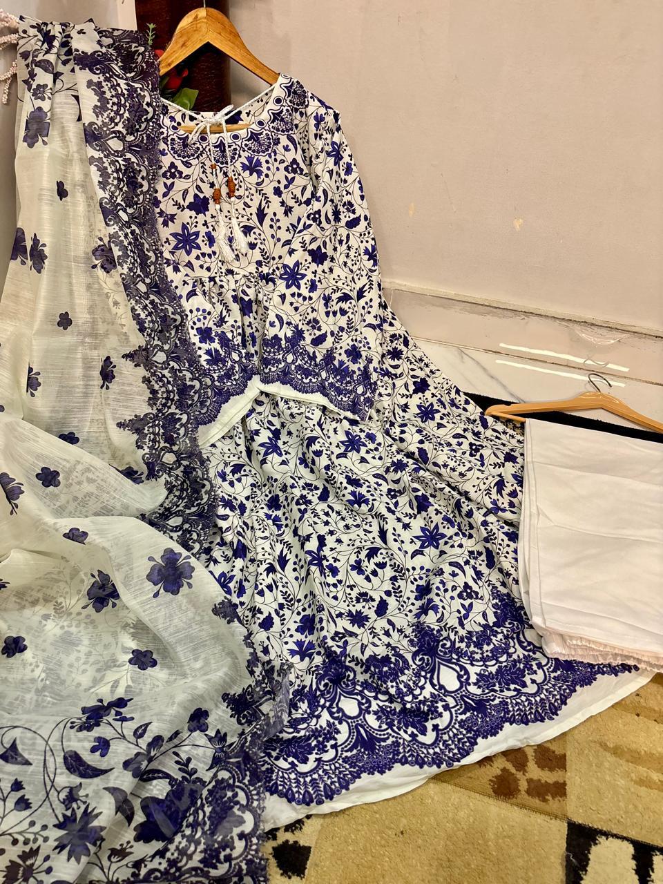 3 Piece Stitched Frock Suit for Women | Digital Printed Doria Lawn Frock | Flapper & Munar Lawn Dupatta