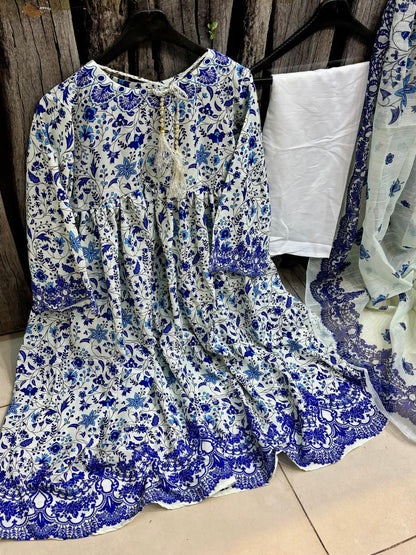 3 Piece Stitched Frock Suit for Women | Digital Printed Doria Lawn Frock | Flapper & Munar Lawn Dupatta