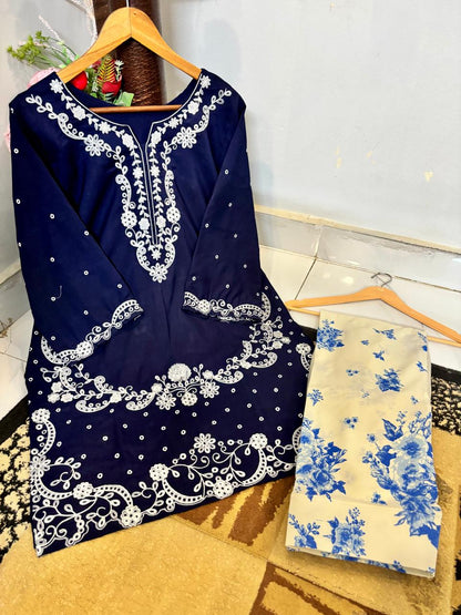 2 Piece Stitched Lawn Suit for Women | Heavy Embroidered Shirt with Farshi Shalwar | Malai Lawn Dress