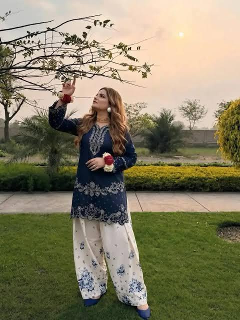 2 Piece Stitched Lawn Suit for Women | Heavy Embroidered Shirt with Farshi Shalwar | Malai Lawn Dress