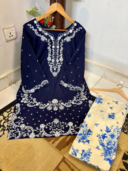 2 Piece Stitched Lawn Suit for Women | Heavy Embroidered Shirt with Farshi Shalwar | Malai Lawn Dress