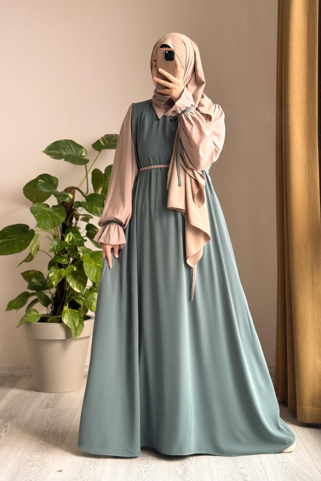 Collar Abaya with Belt & Stroller for Women | Wool Peach Abaya | Soft Fabric Modest Islamic Dress