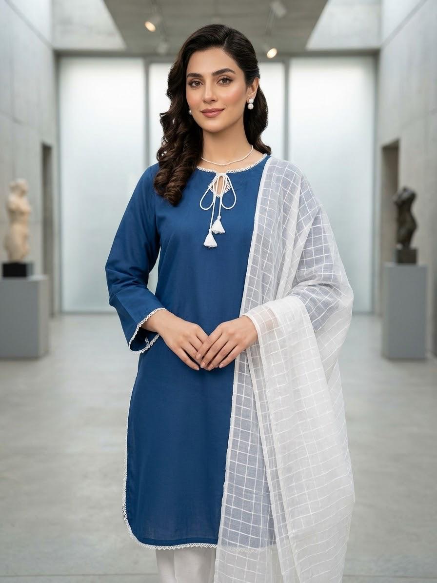 3PC Stitched Farshi Suit for Women | Malai Lawn Shirt & Farshi Shalwar with Chiffon Dupatta | Lace Work Dress
