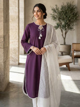 3PC Stitched Farshi Suit for Women | Malai Lawn Shirt & Farshi Shalwar with Chiffon Dupatta | Lace Work Dress