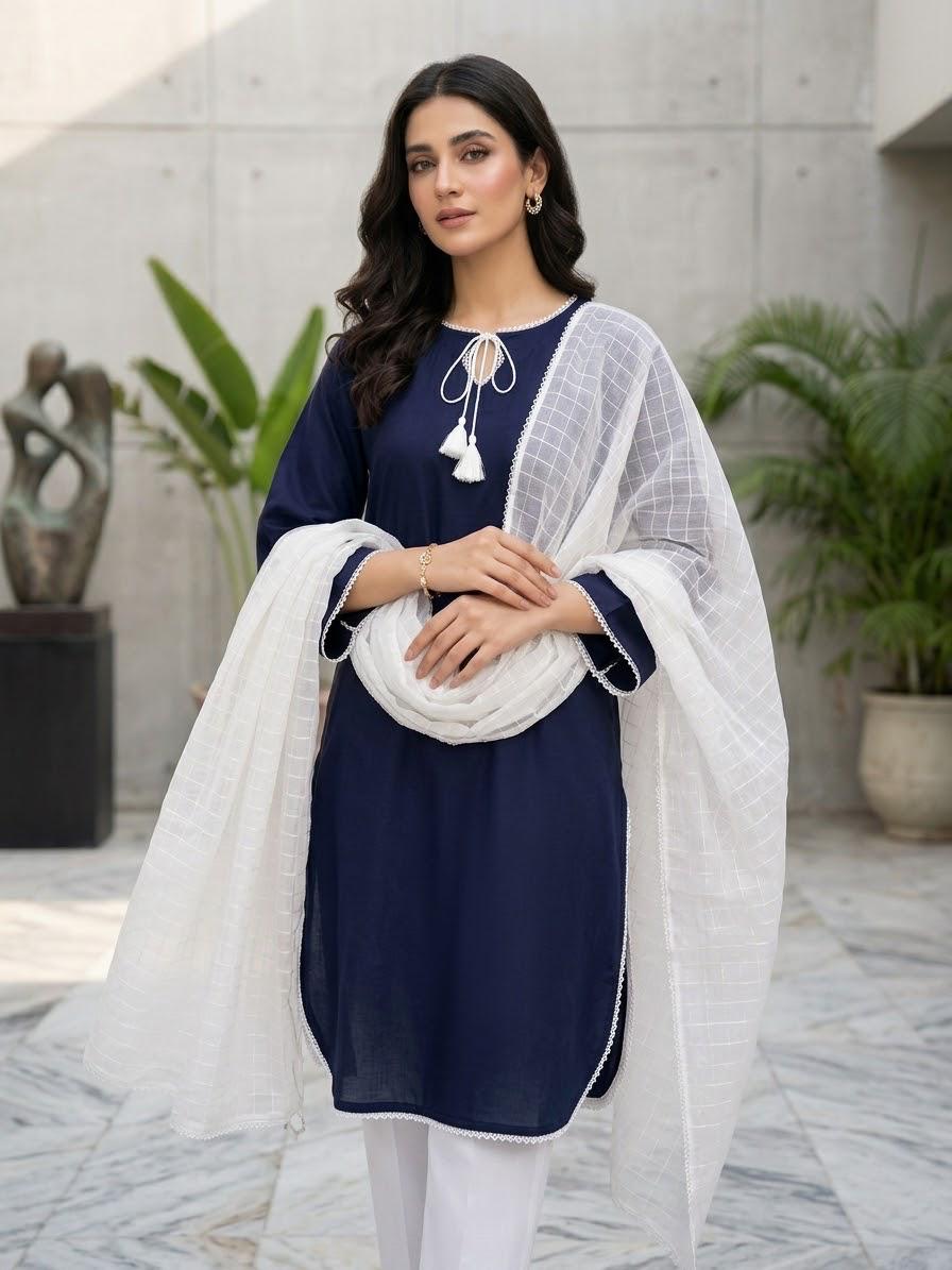 3PC Stitched Farshi Suit for Women | Malai Lawn Shirt & Farshi Shalwar with Chiffon Dupatta | Lace Work Dress
