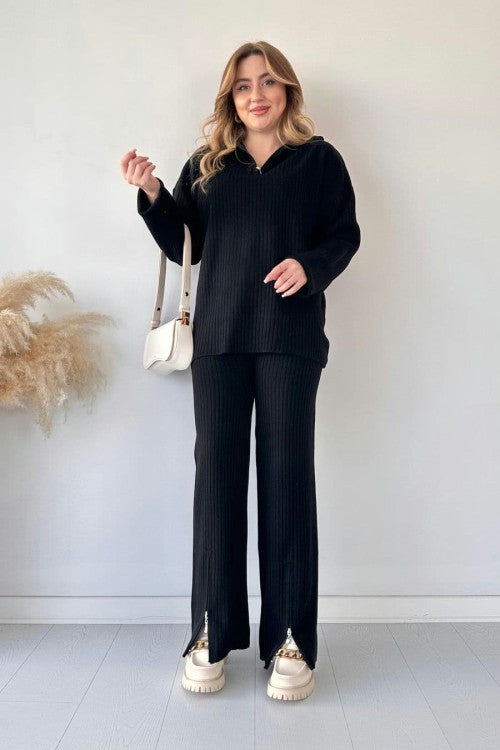 Winter Tracksuit 2Pcs for Women | Zipper Highneck Dropshoulder Rib Tracksuit Set