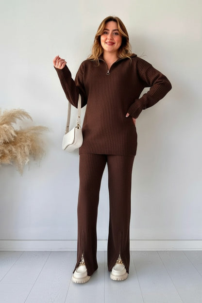 Winter Tracksuit 2Pcs for Women | Zipper Highneck Dropshoulder Rib Tracksuit Set
