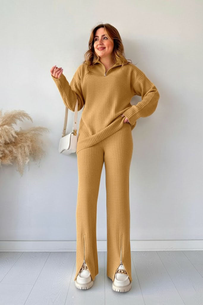 Winter Tracksuit 2Pcs for Women | Zipper Highneck Dropshoulder Rib Tracksuit Set
