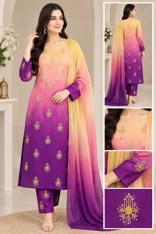 Multishade Embroidered Silky Suit 3PC | Digital Printed China Silk Dupatta | Party Wear Dress