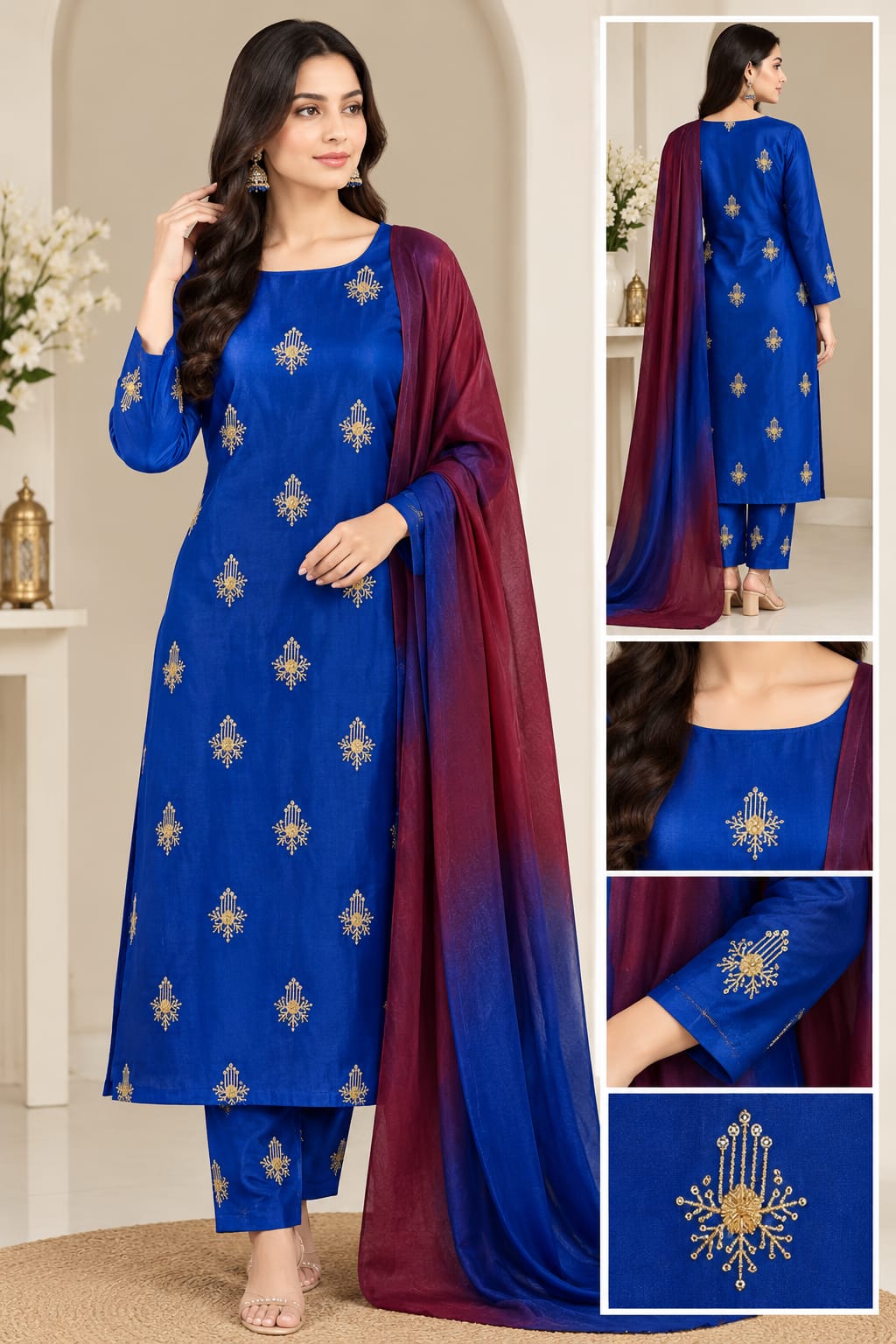 Full Embroidered 3 Piece Suit for Women | Silky Fabric with Thread & Sitara Work | Festive Dress