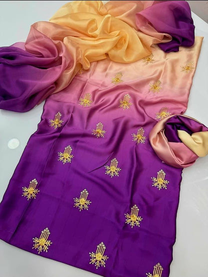 Multishade Embroidered Silky Suit 3PC | Digital Printed China Silk Dupatta | Party Wear Dress