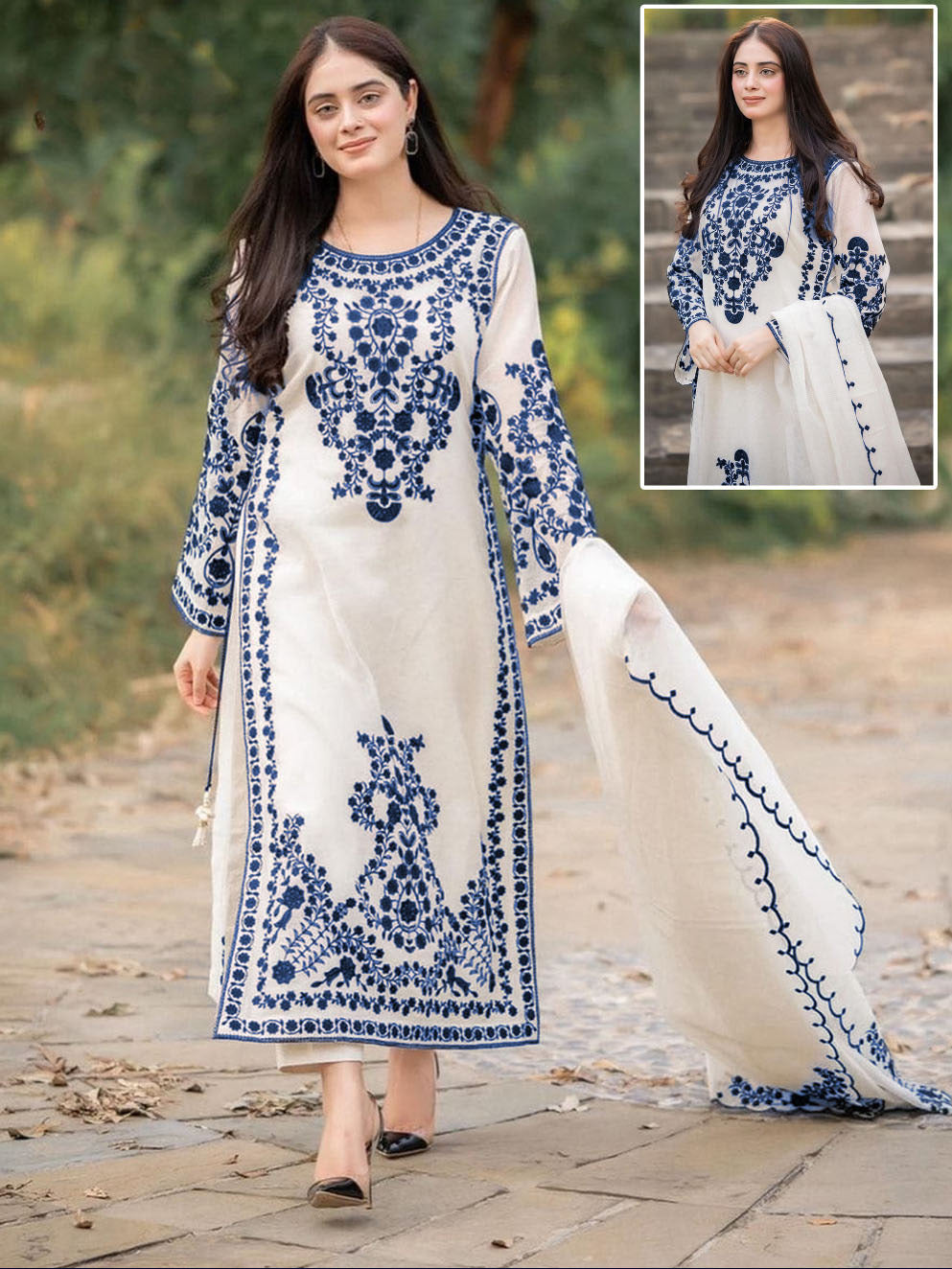 Heavy Embroidered Organza 3 Piece Suit | Frill Style Embroidered Dupatta with Trouser | Party Wear