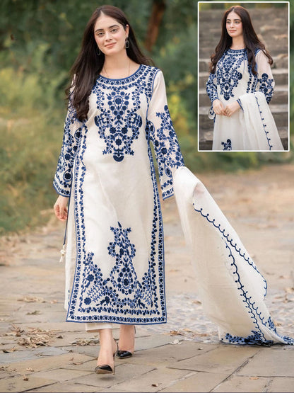 Heavy Embroidered Organza 3 Piece Suit | Frill Style Embroidered Dupatta with Trouser | Party Wear