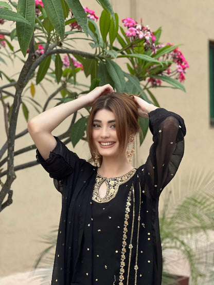 Women Embroidered Organza 3 Piece Suit | Sequence Front Neck Long Shirt with Embroidered Dupatta & Trouser
