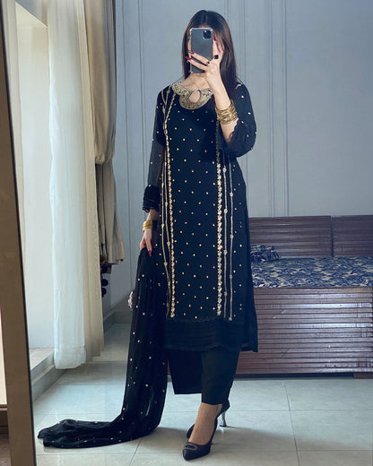 Women Embroidered Organza 3 Piece Suit | Sequence Front Neck Long Shirt with Embroidered Dupatta & Trouser