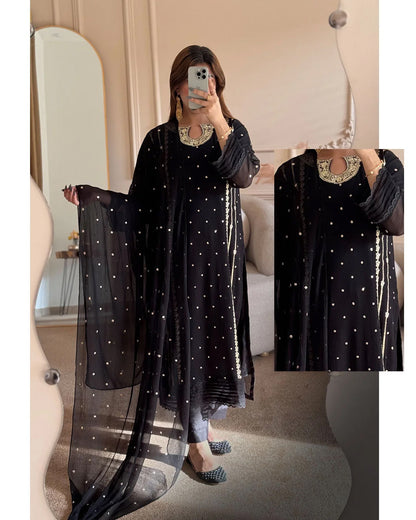 Women Embroidered Organza 3 Piece Suit | Sequence Front Neck Long Shirt with Embroidered Dupatta & Trouser