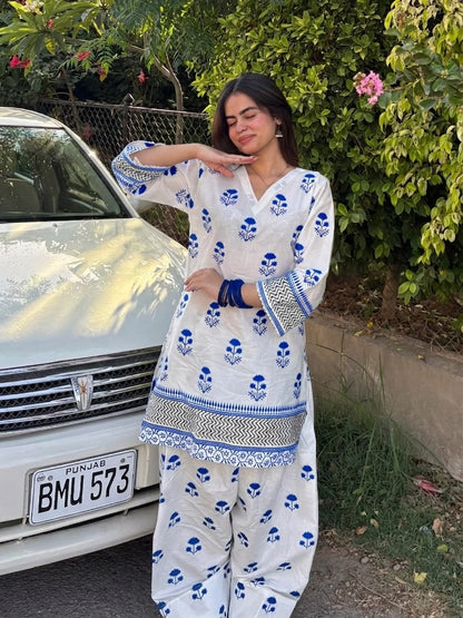 Blue Berry Printed Shirt with Farshi Shalwar 2 Piece | Summer Cotton Dress | Whimsimart Collection