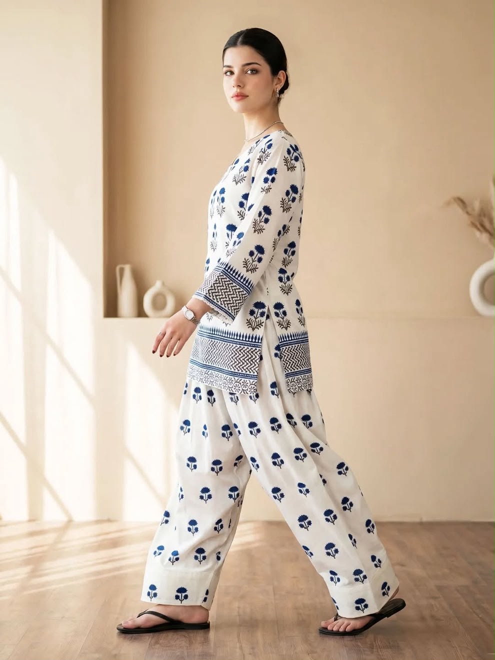 Blue Berry Printed Shirt with Farshi Shalwar 2 Piece | Summer Cotton Dress | Whimsimart Collection