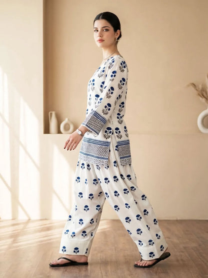 Blue Berry Printed Shirt with Farshi Shalwar 2 Piece | Summer Cotton Dress | Whimsimart Collection