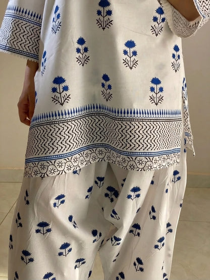 Blue Berry Printed Shirt with Farshi Shalwar 2 Piece | Summer Cotton Dress | Whimsimart Collection